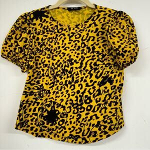 Desigual Yellow & Black Leopard Print Puff Sleeve Tee Shirt Womens S Artsy